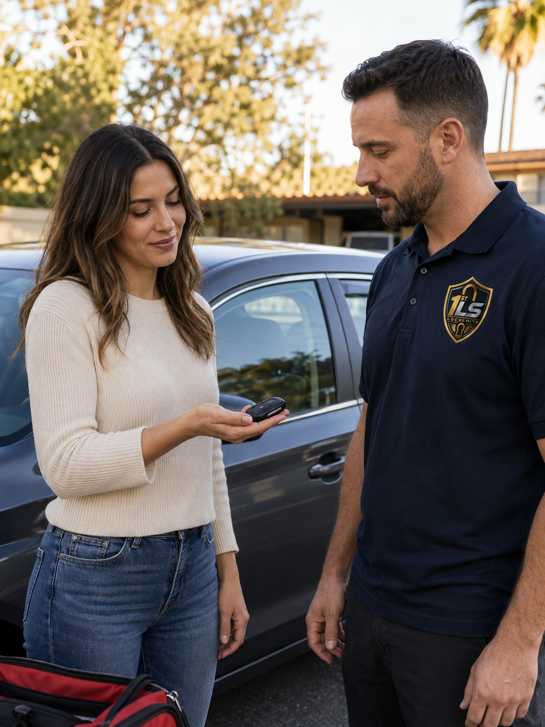 Driver discussing a replacement key fob with a locksmith beside her car