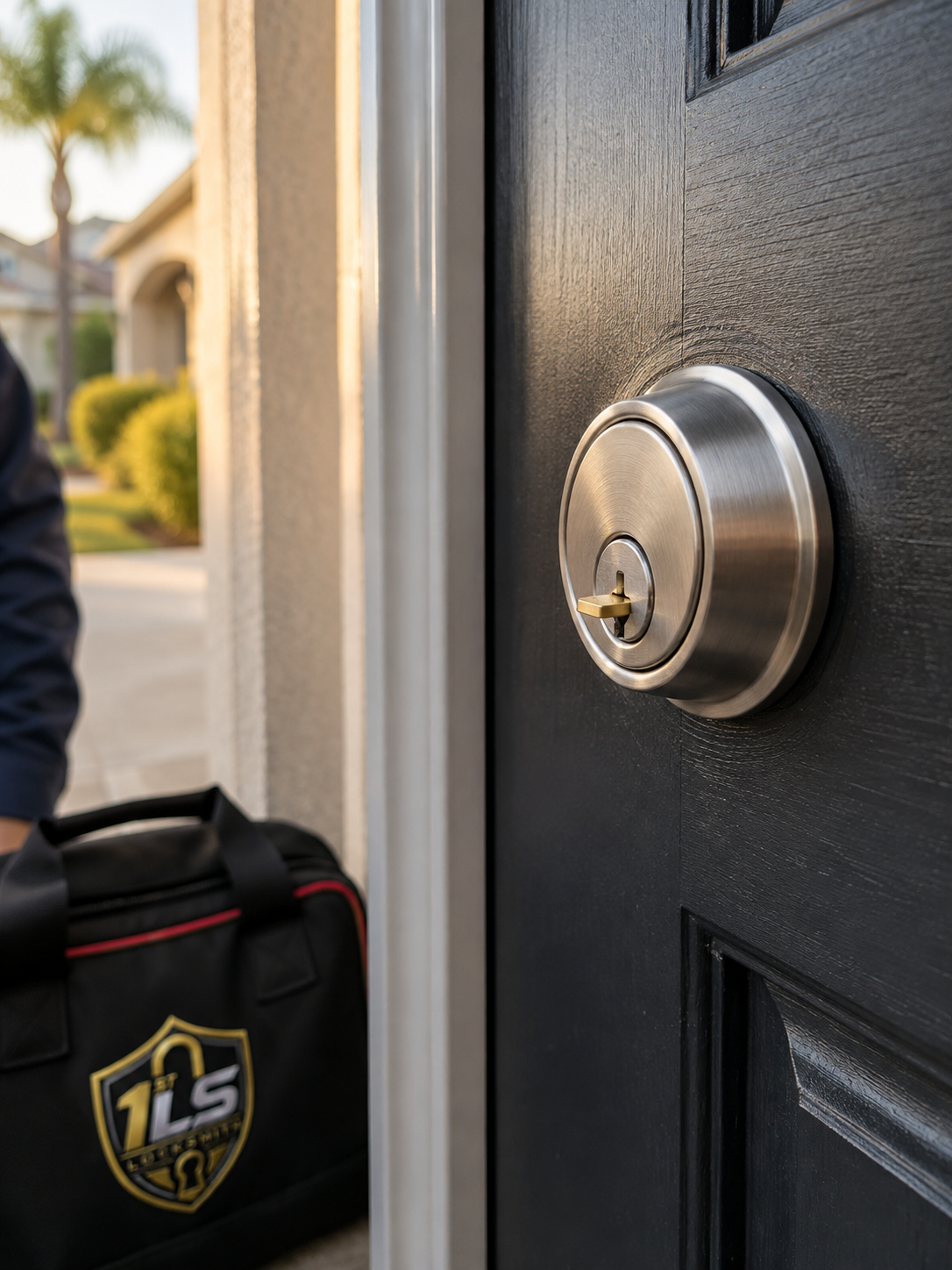 Short broken key fragment in a door deadbolt beside a locksmith service bag