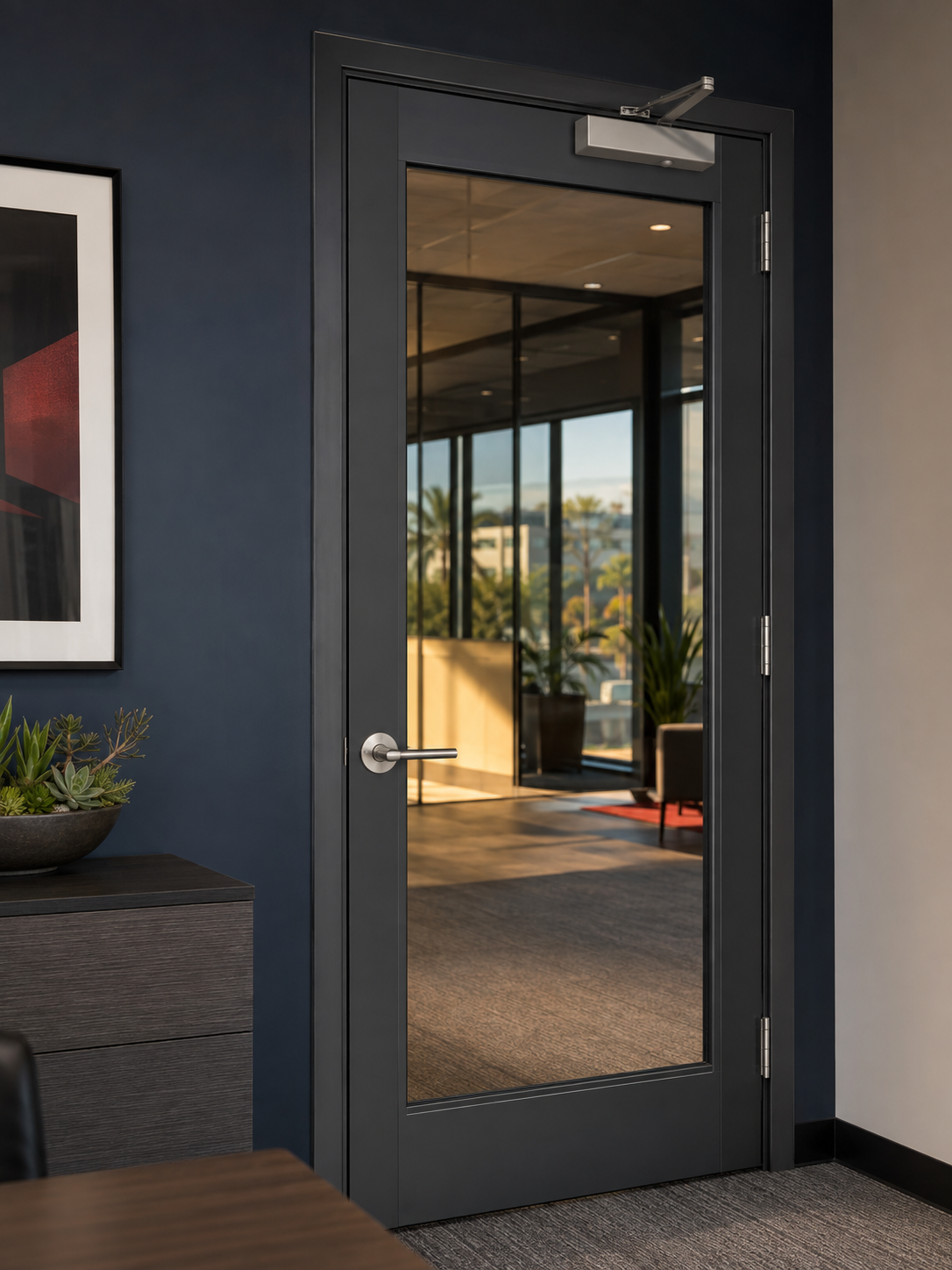commercial-door-hardware Satin-metal lever and door closer on a charcoal framed commercial office entrance.
