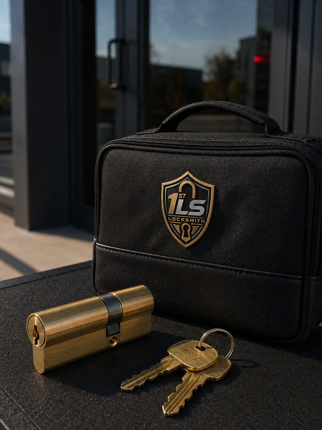 commercial-rekey Business door cylinder and plain brass keys on a dark work mat beside a closed branded locksmith bag.