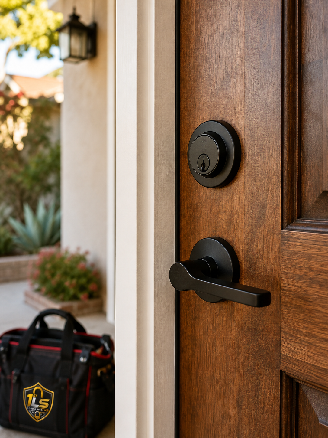 Matte black deadbolt and lever installed on a wood entrance door.