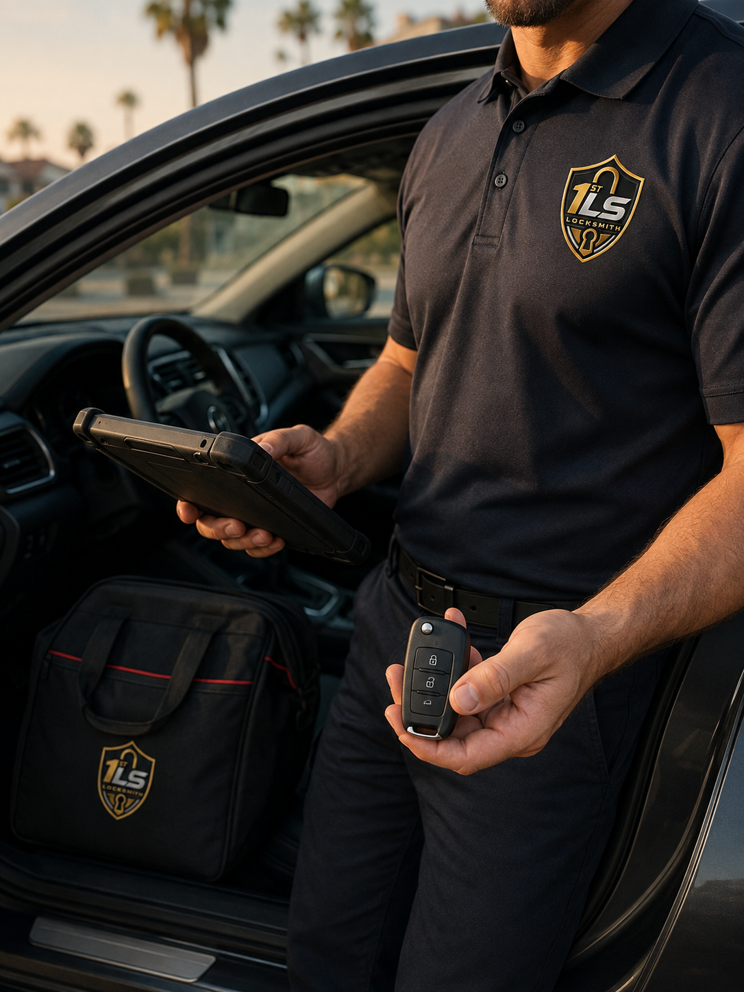 Locksmith holding a vehicle key fob and diagnostic tablet beside a car
