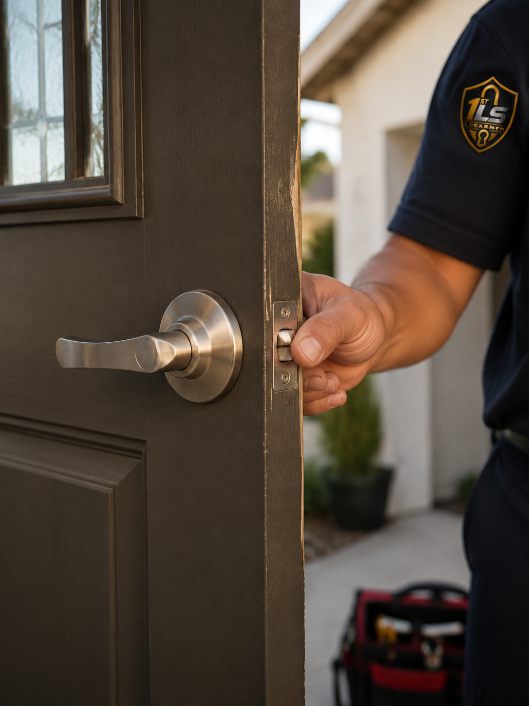 Illustration of a locksmith checking a residential door latch and lever.