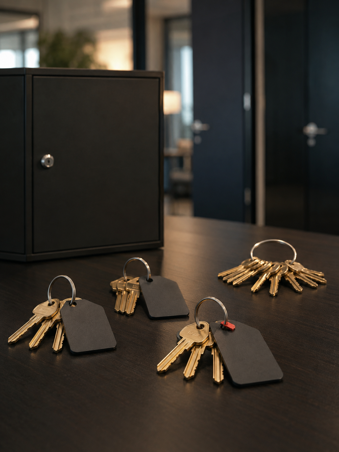 master-key-system Organized brass keys with blank tags beside a closed key cabinet in an office.