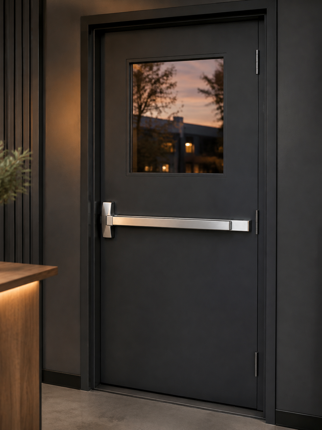 Horizontal push-bar exit device on the inside of a clean commercial door.