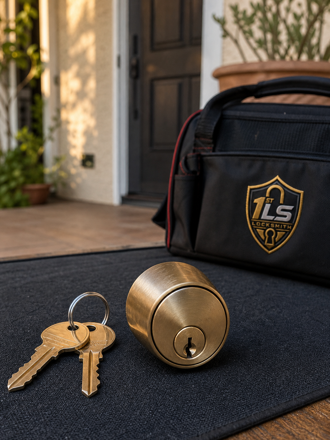 rekey-lock-cylinder Residential lock cylinder and house keys on a work mat beside a branded locksmith toolbag.