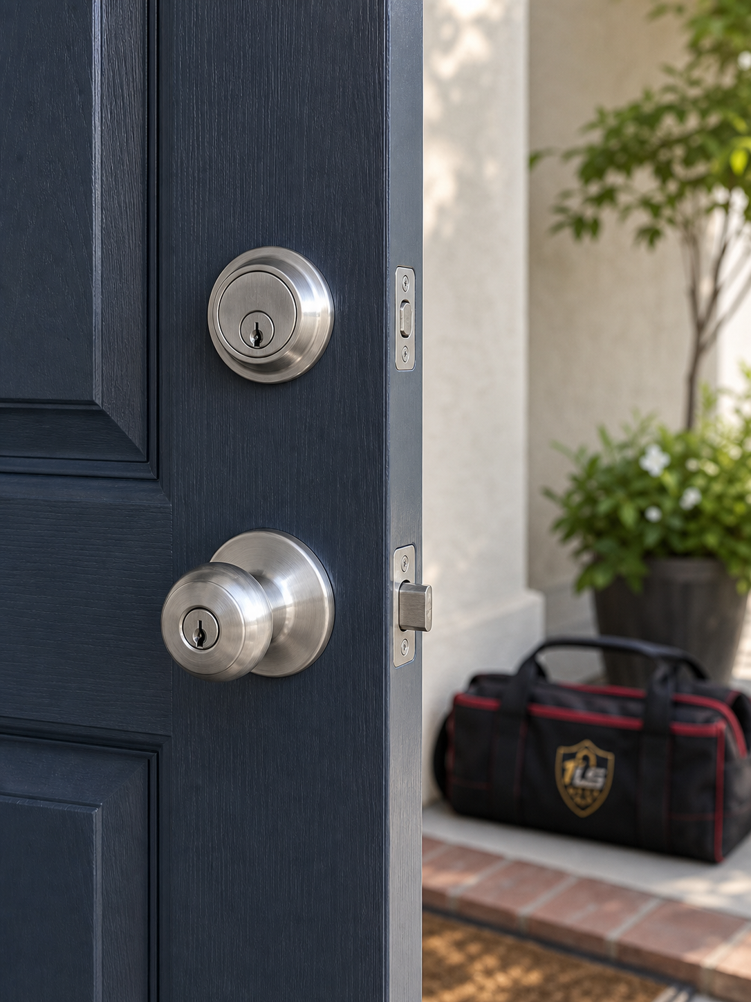 replacement-lock-door Satin nickel replacement lock hardware installed on a charcoal residential door.