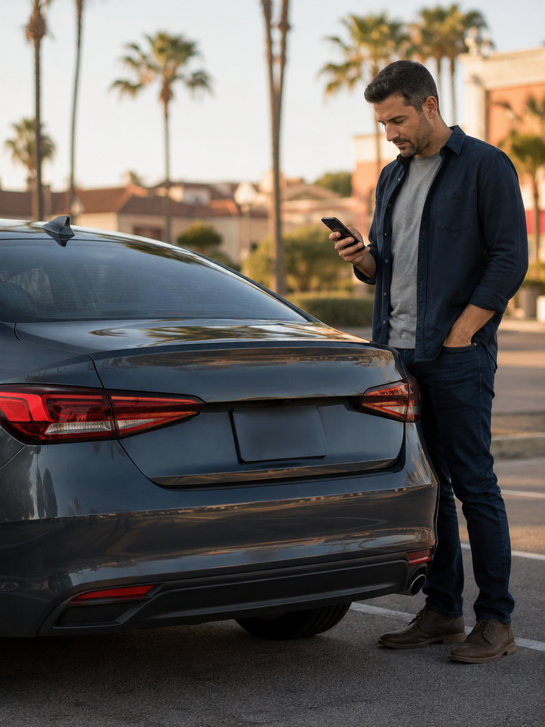 Driver requesting help beside a locked car trunk in Los Angeles.