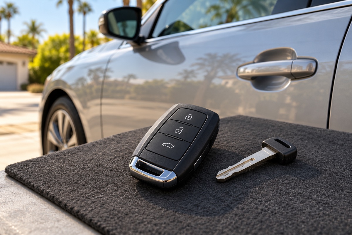 ls-automotive-key-photo Car key fob and emergency key beside a parked vehicle