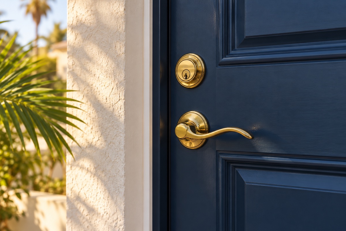ls-lockout-door-photo Brass deadbolt and lever on a navy residential front door