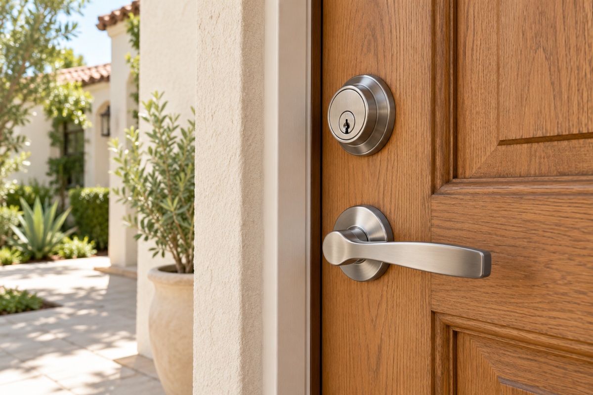 ls-residential-door-photo Satin nickel deadbolt and lever on a wooden front door